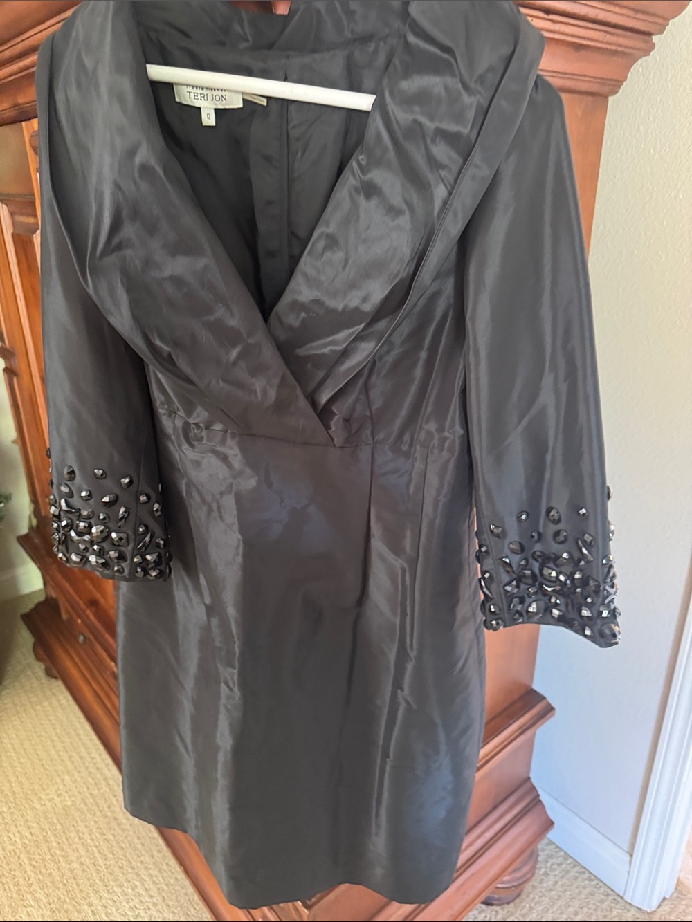 Teri Jon Black Satin Sheath Dress with Beaded Cuffs